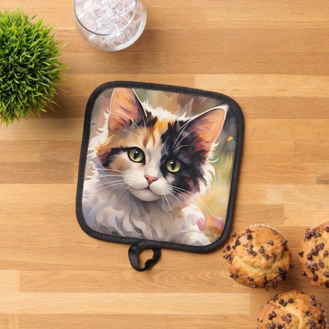 Calico Cat and Butterflies in Spring Garden Pot Holder (Top Down)