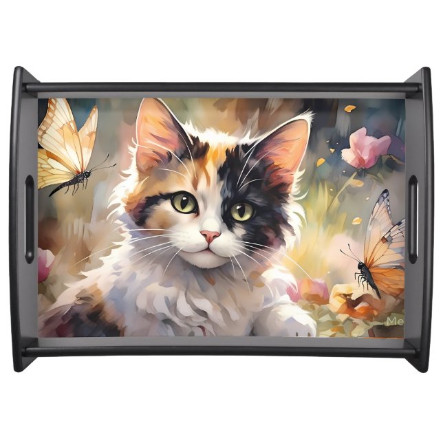 Calico Cat and Butterflies in Spring Garden Serving Tray (Front)
