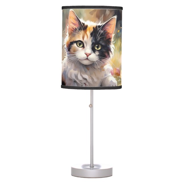 Calico Cat and Butterflies in Spring Garden Table Lamp (Front)