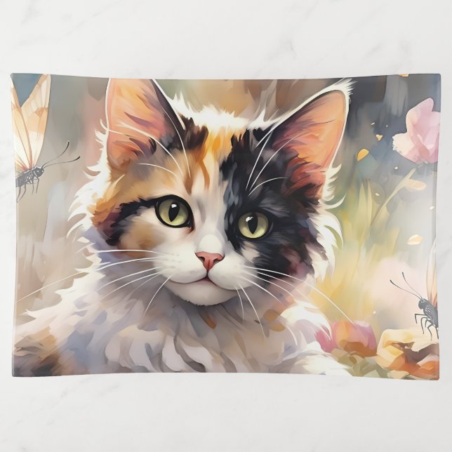 Calico Cat and Butterflies in Spring Garden Trinket Tray (Front)