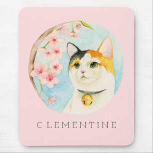 Calico Cat and Cherry Blossom Add Your Name Mouse Pad