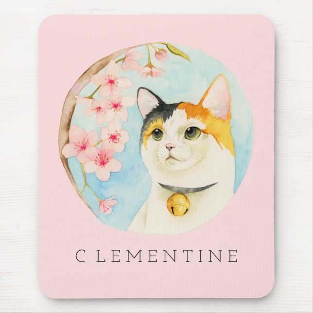 Calico Cat and Cherry Blossom | Add Your Name Mouse Pad (Front)