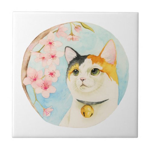 Calico Cat and Flowers Japanese Ceramic Tile
