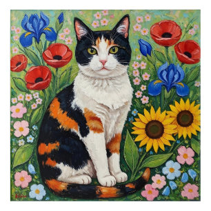 Calico Cat and Folk Art Sunflowers