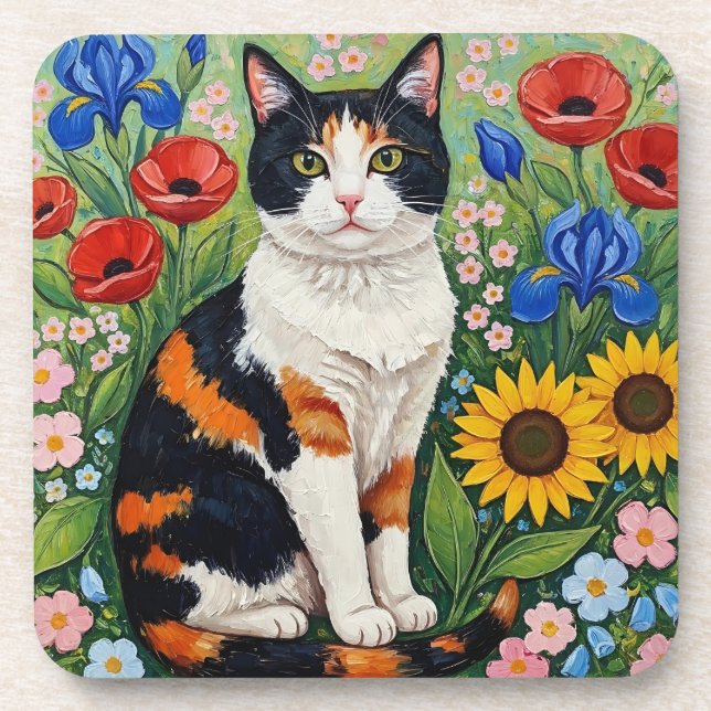 Calico Cat and Folk Art Sunflowers Beverage Coaster (Front)