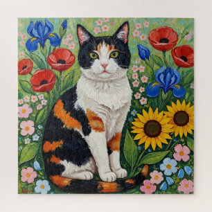Calico Cat and Folk Art Sunflowers Jigsaw Puzzle