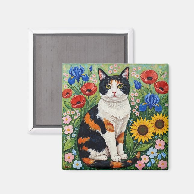 Calico Cat and Folk Art Sunflowers Magnet (Front/Back)