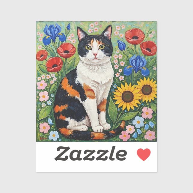 Calico Cat and Folk Art Sunflowers Sticker (Sheet)