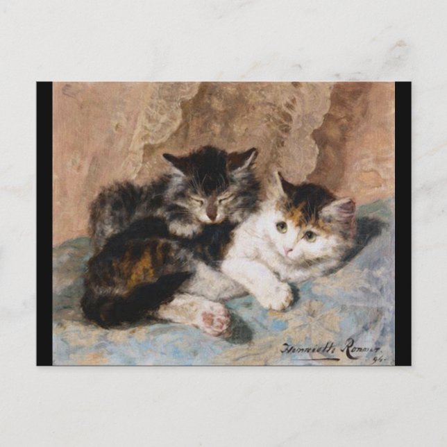 Calico Cat and Gray Kitten Fine Art Painting Postcard (Front)