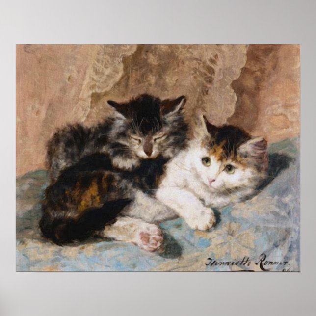 Calico Cat and Gray Kitten Fine Art Painting Poster (Front)