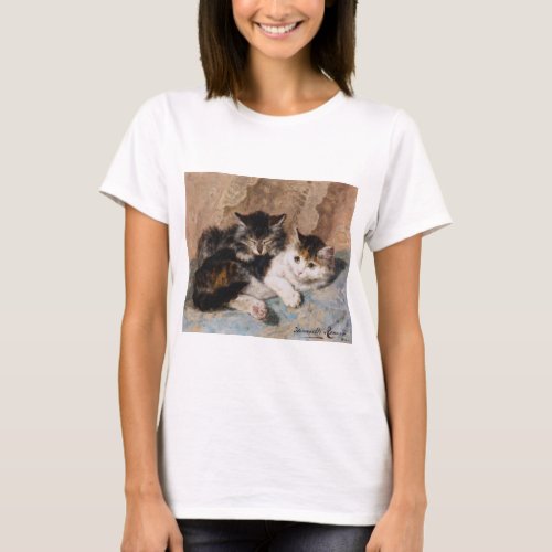 Calico Cat and Gray Kitten Fine Art Painting T_Shirt