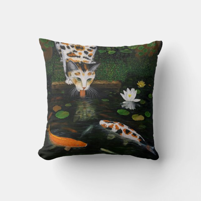 Calico Cat and Koi Fish Throw Pillow (Front)