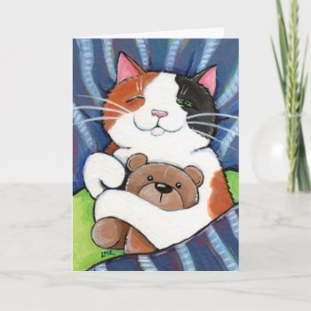 Calico Cat And Teddy Bear | Cat Art Greeting Card by LisaMarieArt at Zazzle