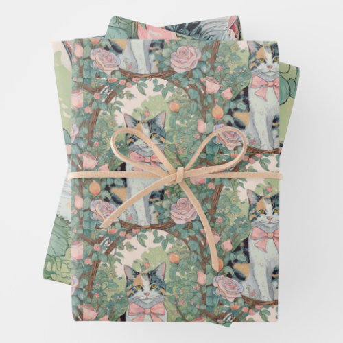 Calico cat at garden with flowers wrapping paper sheets
