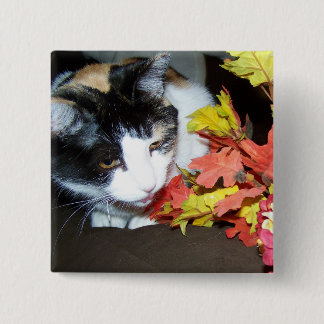 Calico Cat Autumn Fall Leaves Button