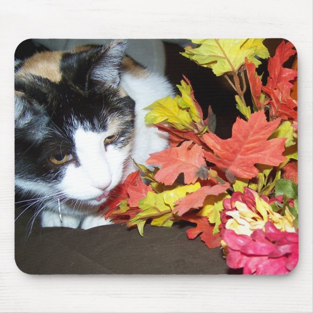Calico Cat Autumn Fall Leaves Mousepad (Front)