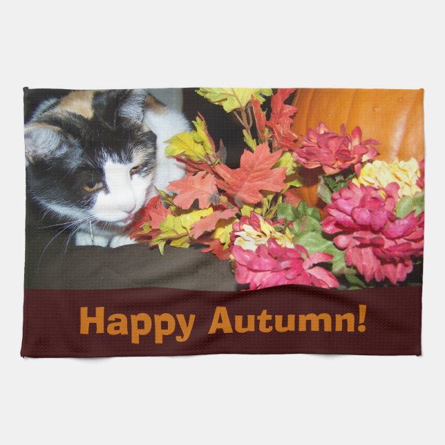 Calico Cat Autumn Fall Leaves Towel (Horizontal)