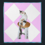 Calico Cat Bandana<br><div class="desc">A calico cat on a pink and white diamond pattern and blue border is featured on this beautiful bandana</div>