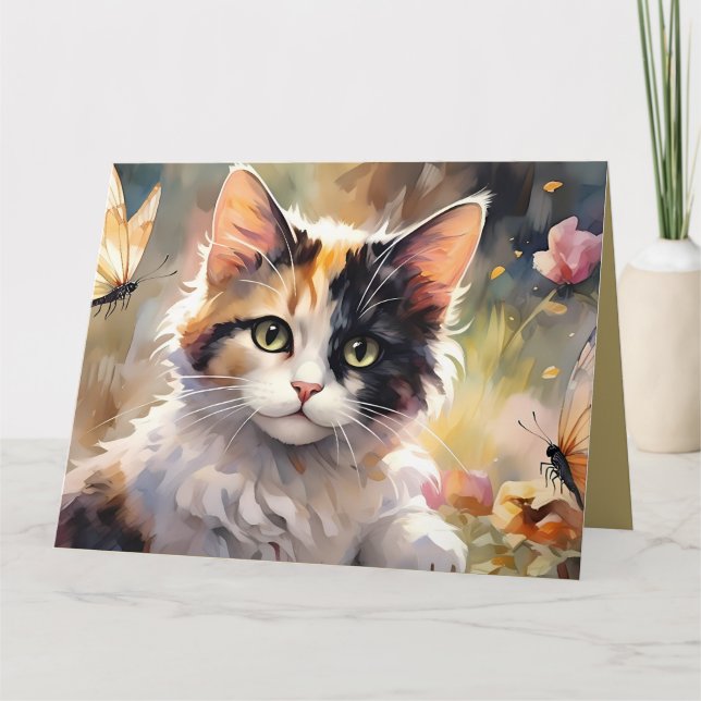 Calico Cat, Butterflies Spring Garden Thank You Card (Front)