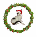 Calico Cat Christmas Wreath Statuette<br><div class="desc">This acrylic Christmas ornament of a calico cat in a Santa hat inside a Christmas wreath  comes with a red ribbon for hanging. Final size is approximate and depends on cut-out size of image.</div>