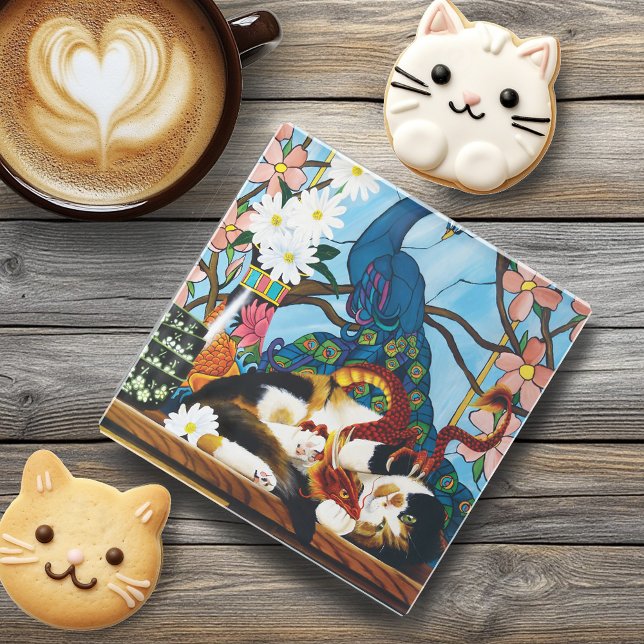 Calico Cat Dragon Red Glass Coaster (Creator Uploaded)