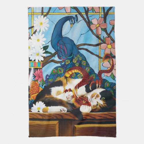 Calico Cat Dragon Red Kitchen Towel