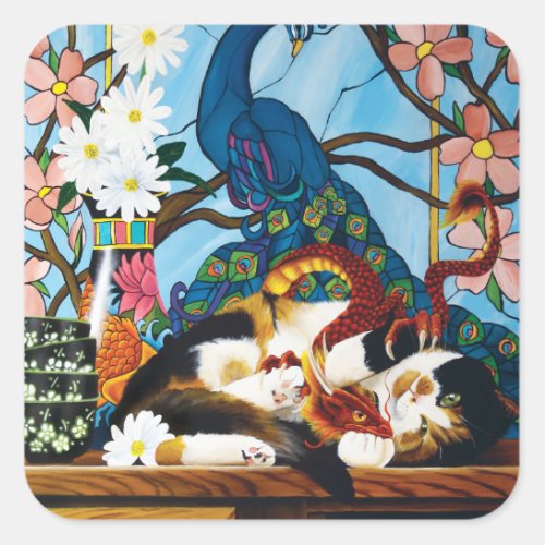 Calico Cat Dragon Red Square Sticker