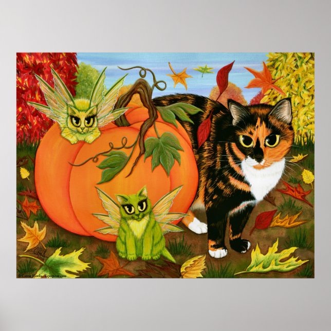 Calico Cat Fairy Cats Leaves Fall Autumn Art Print (Front)