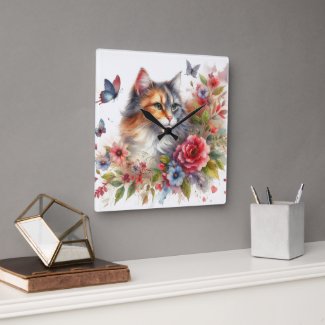 Calico Cat Floral Wall Clock