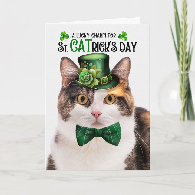 Calico Cat Funny St CATrick's Day Lucky Charm Holiday Card (Front)