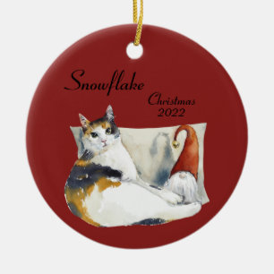 Calico Cat Gnome Christmas theme watercolor Ceramic Ornament