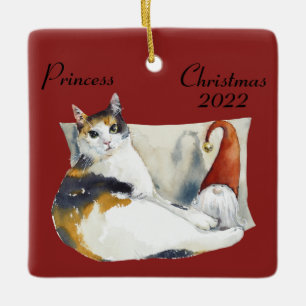 Calico Cat Gnome Christmas theme watercolor Ceramic Ornament