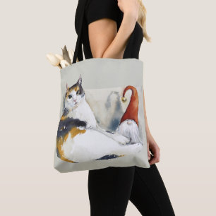 Calico Cat Gnome & Tortoiseshell Watercolor Tote Bag