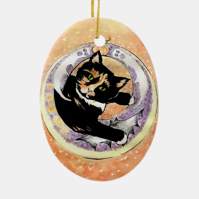 Calico Cat Halloween Ceramic Ornament (Back)