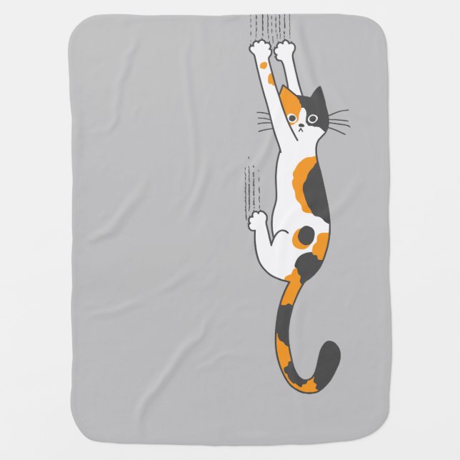 Calico Cat Hanging On Funny Cat Lover's Baby Blanket (Front)