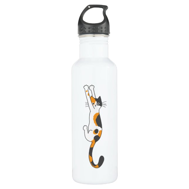 Calico Cat Hanging On Funny Cat Lover's Stainless Steel Water Bottle (Front)