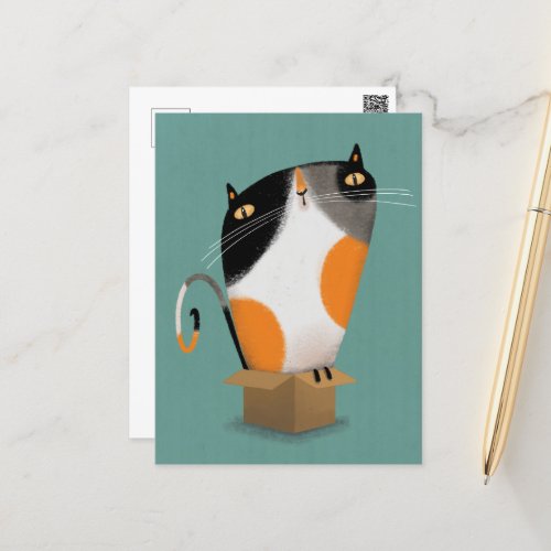 Calico cat in box postcard