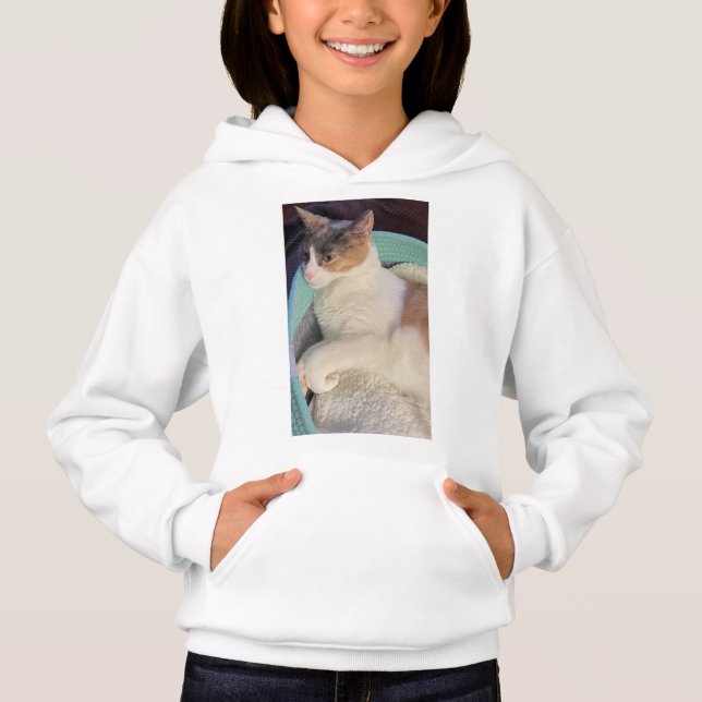 Calico Cat in Cat Bed Hoodie (Front)