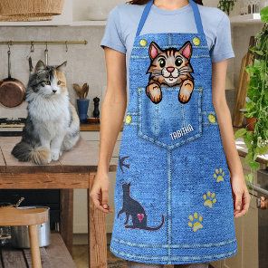Calico Cat in Faux Denim Pocket with Custom Name Apron
