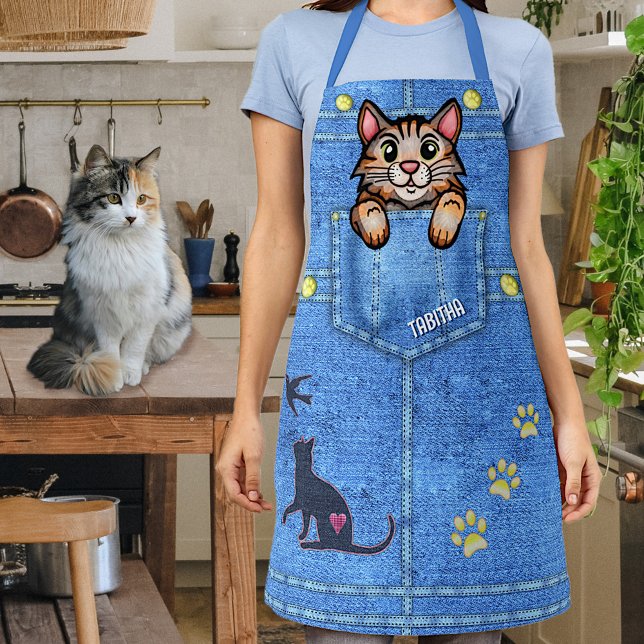 Calico Cat in Faux Denim Pocket with Custom Name Apron (Creator Uploaded)