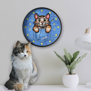 Calico Cat in Faux Denim Pocket with Custom Name Clock