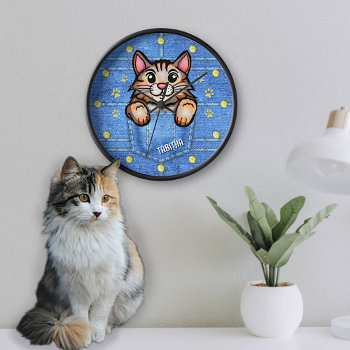 Calico Cat In Faux Denim Pocket With Custom Name Clock by LaborAndLeisure at Zazzle