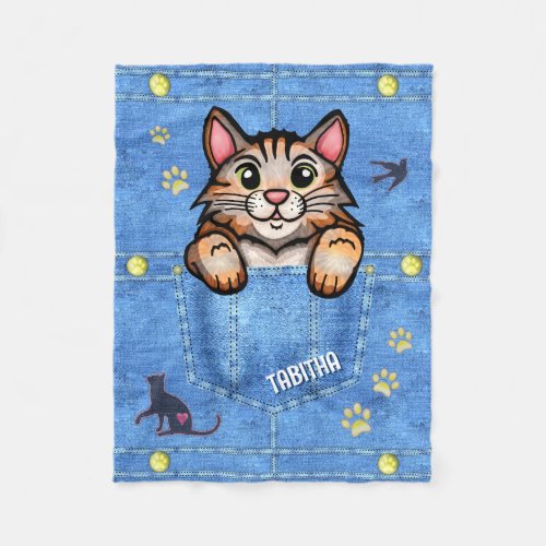 Calico Cat in Faux Denim Pocket with Custom Name Fleece Blanket
