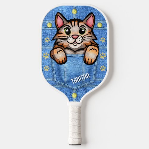 Calico Cat in Faux Denim Pocket with Custom Name Pickleball Paddle