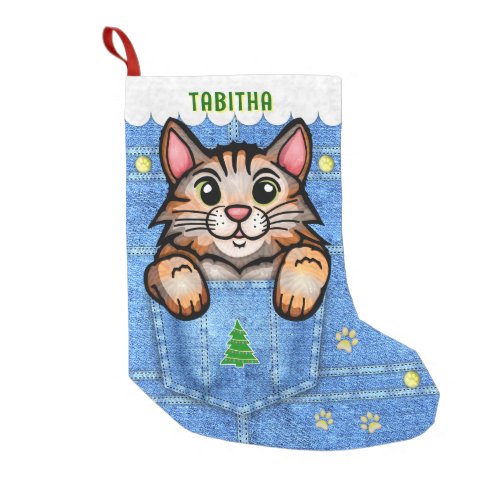 Calico Cat in Faux Denim Pocket with Custom Name Small Christmas Stocking