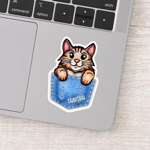 Calico Cat in Faux Denim Pocket with Custom Name Sticker