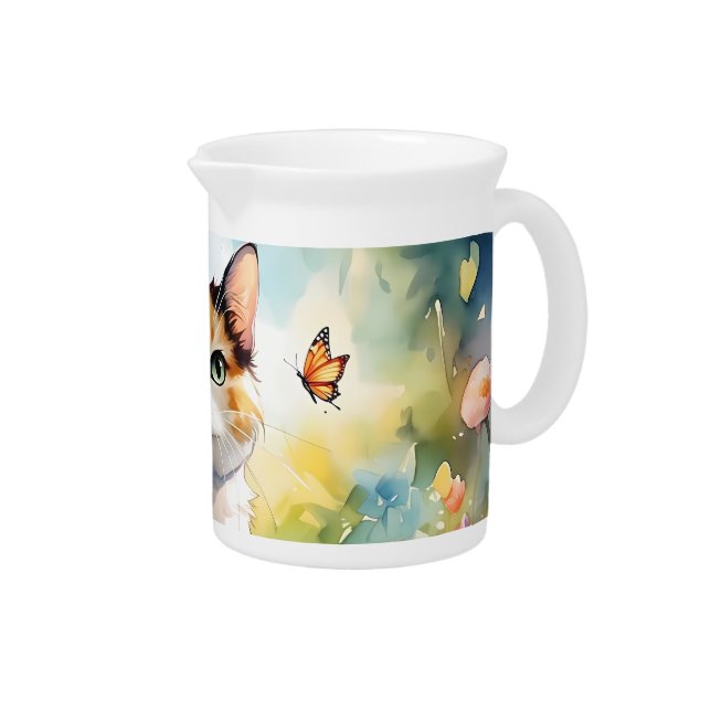 Calico Cat in Spring Garden with Butterflies Beverage Pitcher (Right)