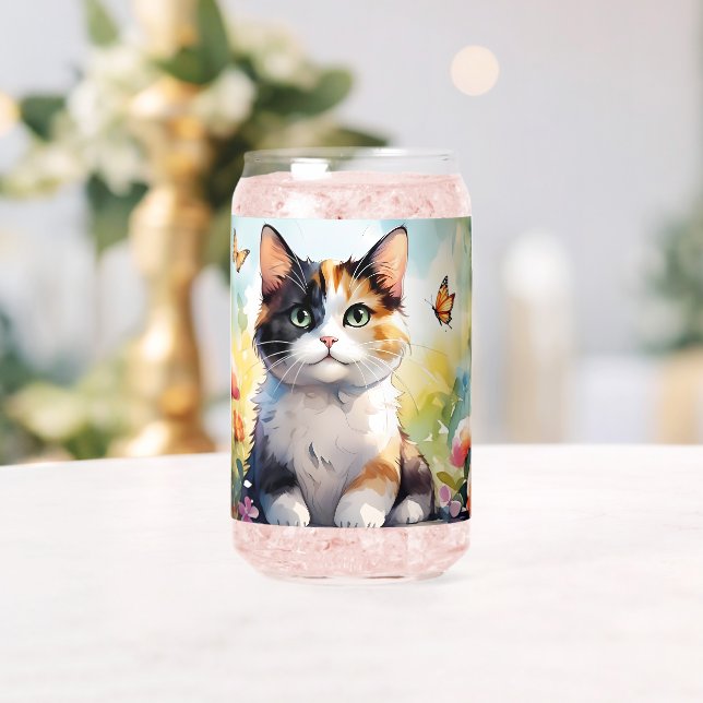 Calico Cat in Spring Garden with Butterflies Can Glass (Insitu (Wedding))