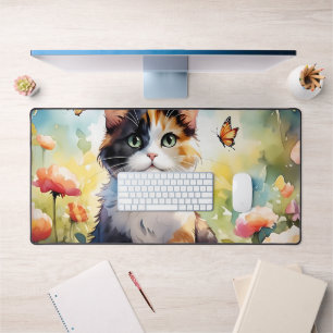 Calico Cat in Spring Garden with Butterflies Desk Mat