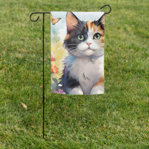 Calico Cat in Spring Garden with Butterflies Garden Flag
